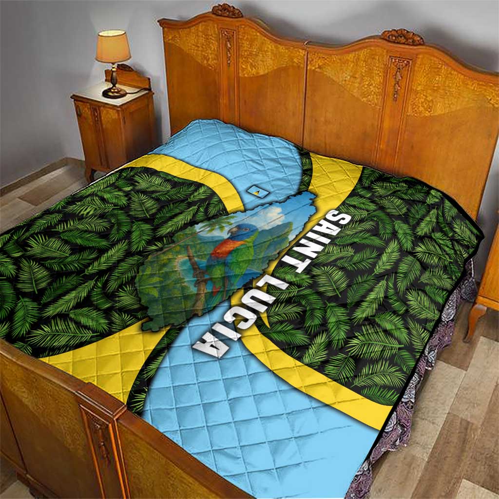 Saint Lucia Parrot Quilt with Tropical Palm Leaf and Flag Color Wave Design - Wonder Print Shop