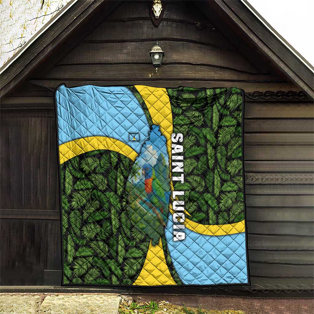 Saint Lucia Parrot Quilt with Tropical Palm Leaf and Flag Color Wave Design - Wonder Print Shop