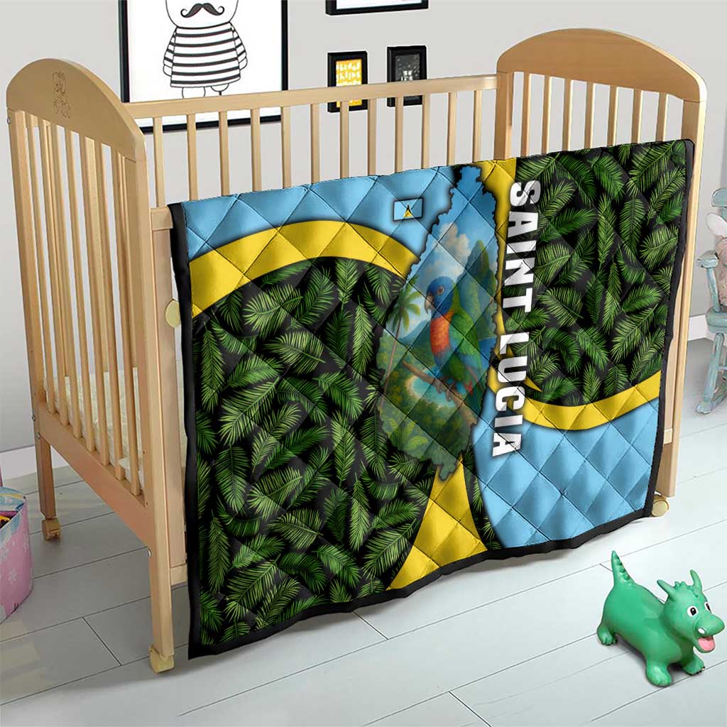 Saint Lucia Parrot Quilt with Tropical Palm Leaf and Flag Color Wave Design - Wonder Print Shop