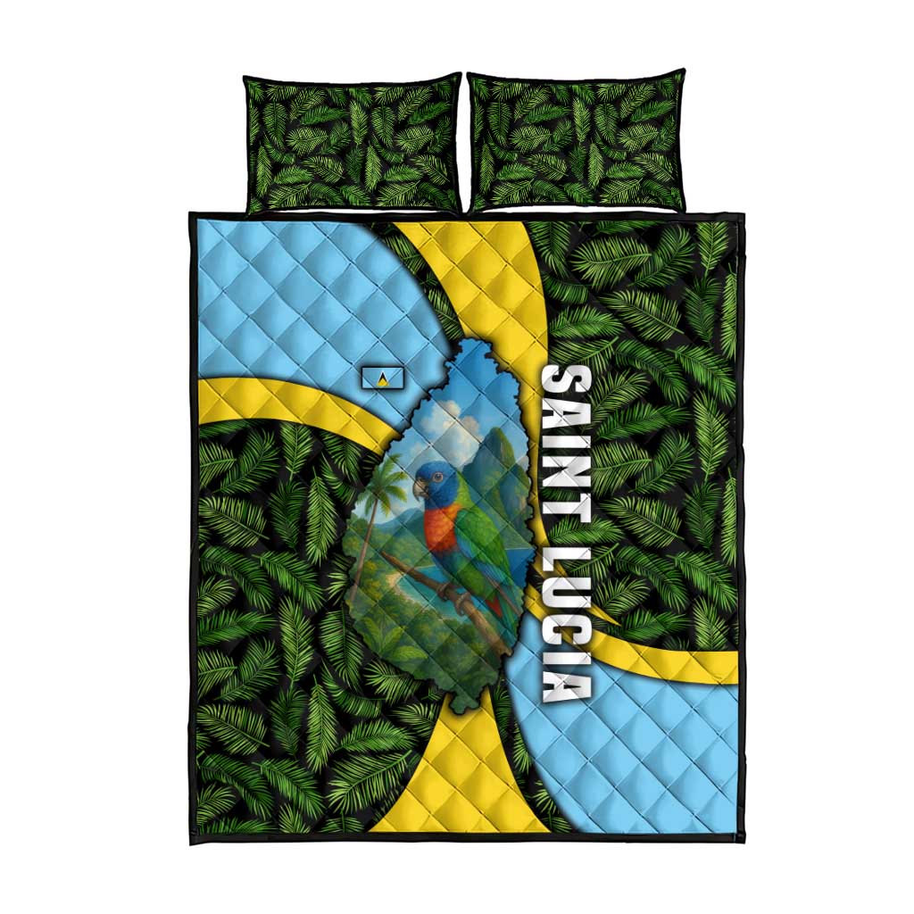 Saint Lucia Parrot Quilt Bed Set with Tropical Palm Leaf and Flag Color Wave Design - Wonder Print Shop