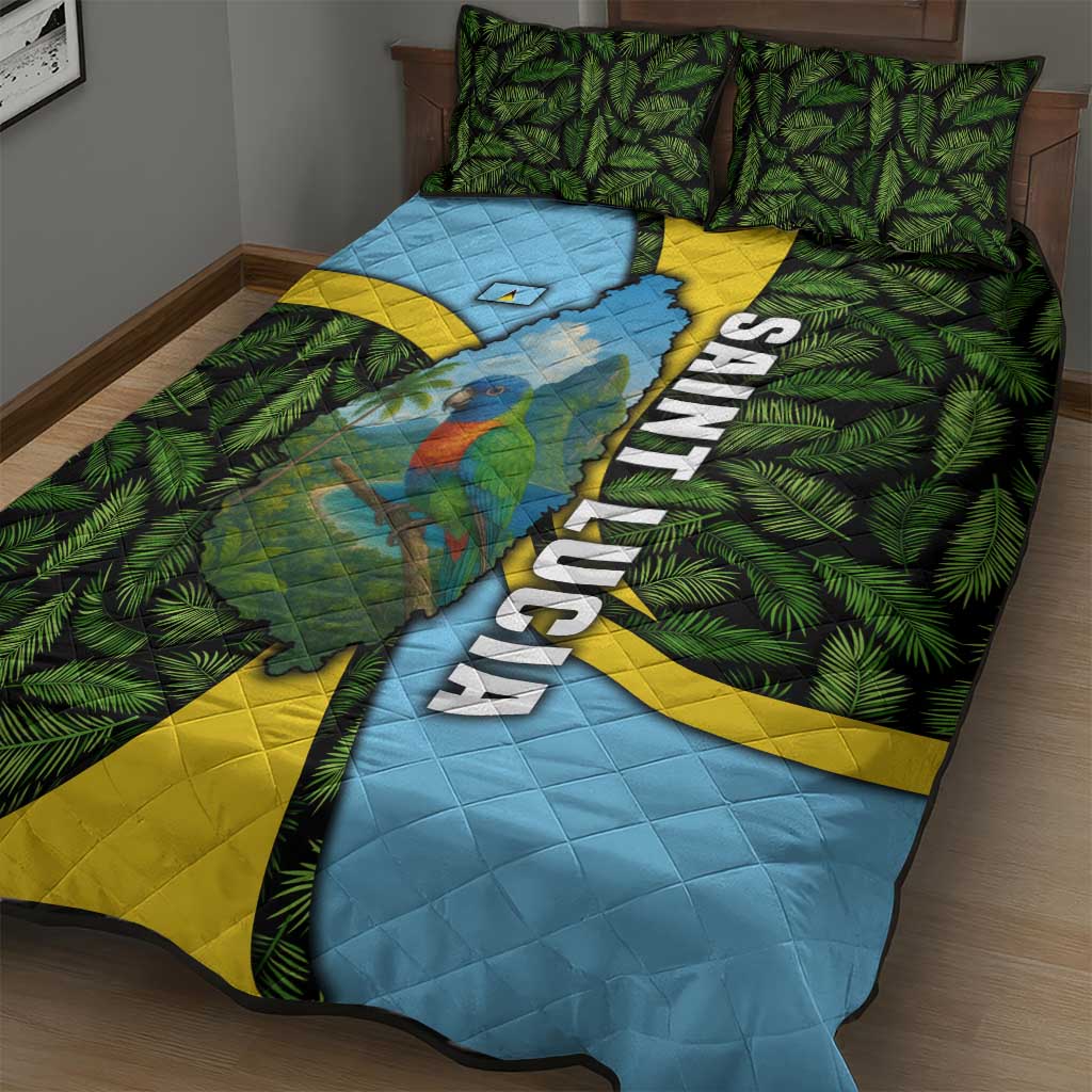 Saint Lucia Parrot Quilt Bed Set with Tropical Palm Leaf and Flag Color Wave Design - Wonder Print Shop