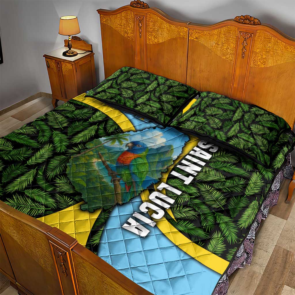Saint Lucia Parrot Quilt Bed Set with Tropical Palm Leaf and Flag Color Wave Design - Wonder Print Shop