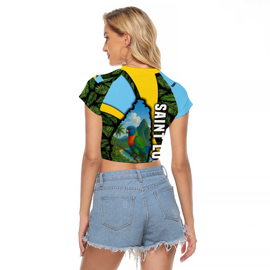 Saint Lucia Parrot Raglan Cropped T Shirt with Tropical Palm Leaf and Flag Color Wave Design - Wonder Print Shop