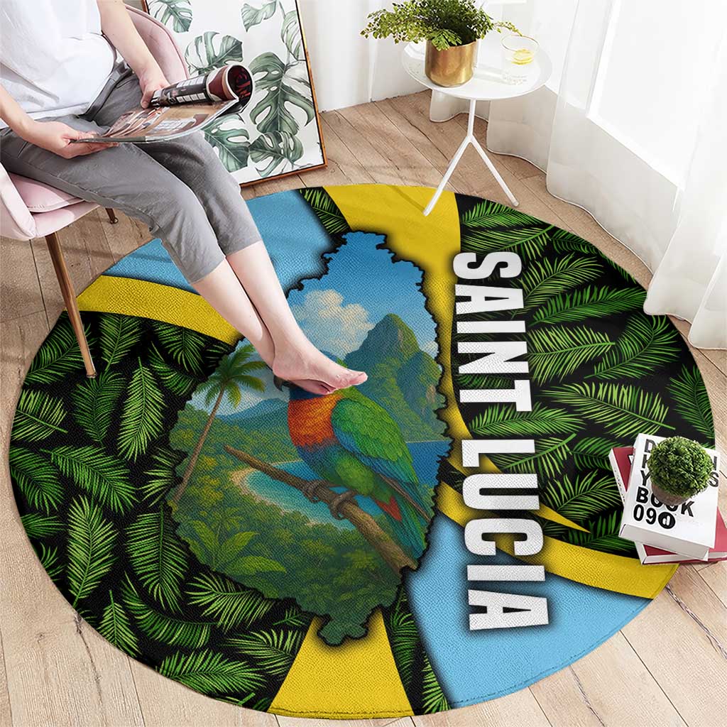 Saint Lucia Parrot Round Carpet with Tropical Palm Leaf and Flag Color Wave Design - Wonder Print Shop