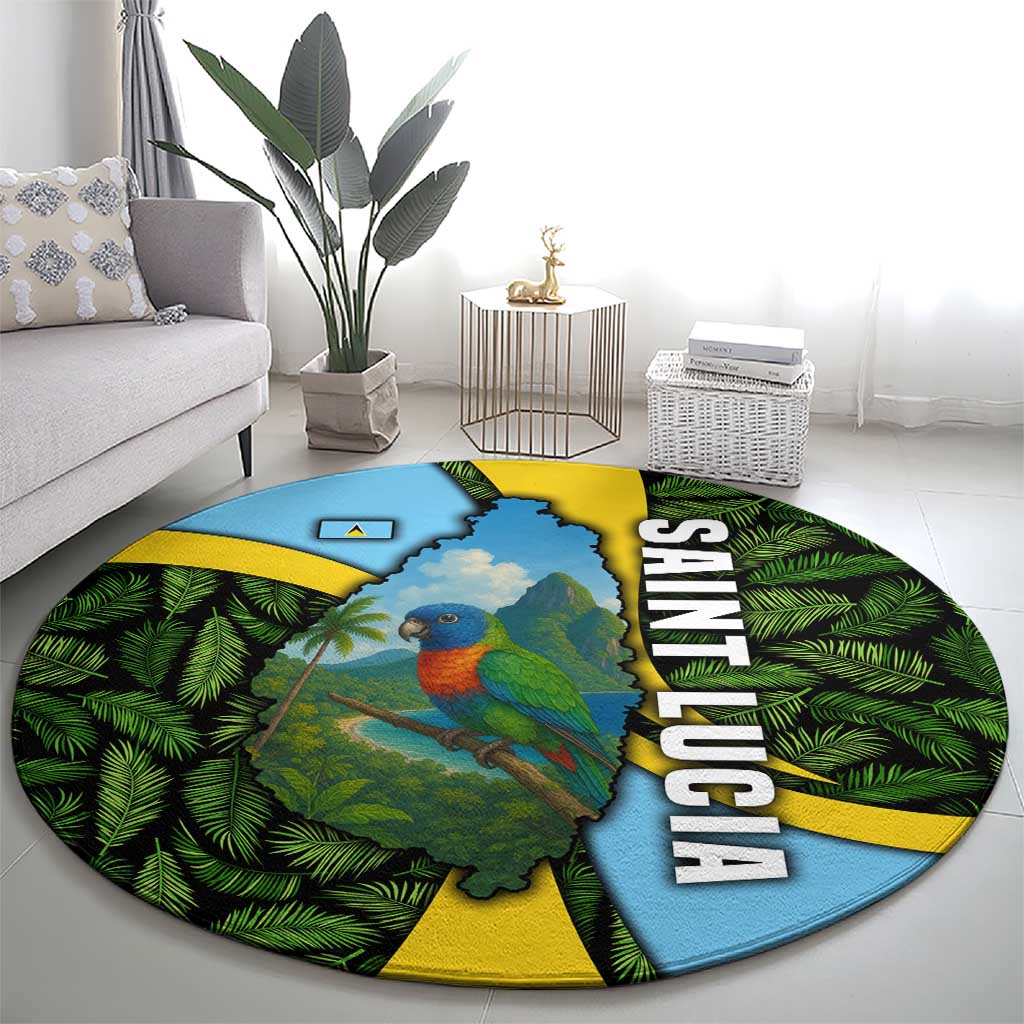 Saint Lucia Parrot Round Carpet with Tropical Palm Leaf and Flag Color Wave Design - Wonder Print Shop