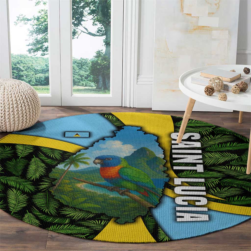 Saint Lucia Parrot Round Carpet with Tropical Palm Leaf and Flag Color Wave Design - Wonder Print Shop