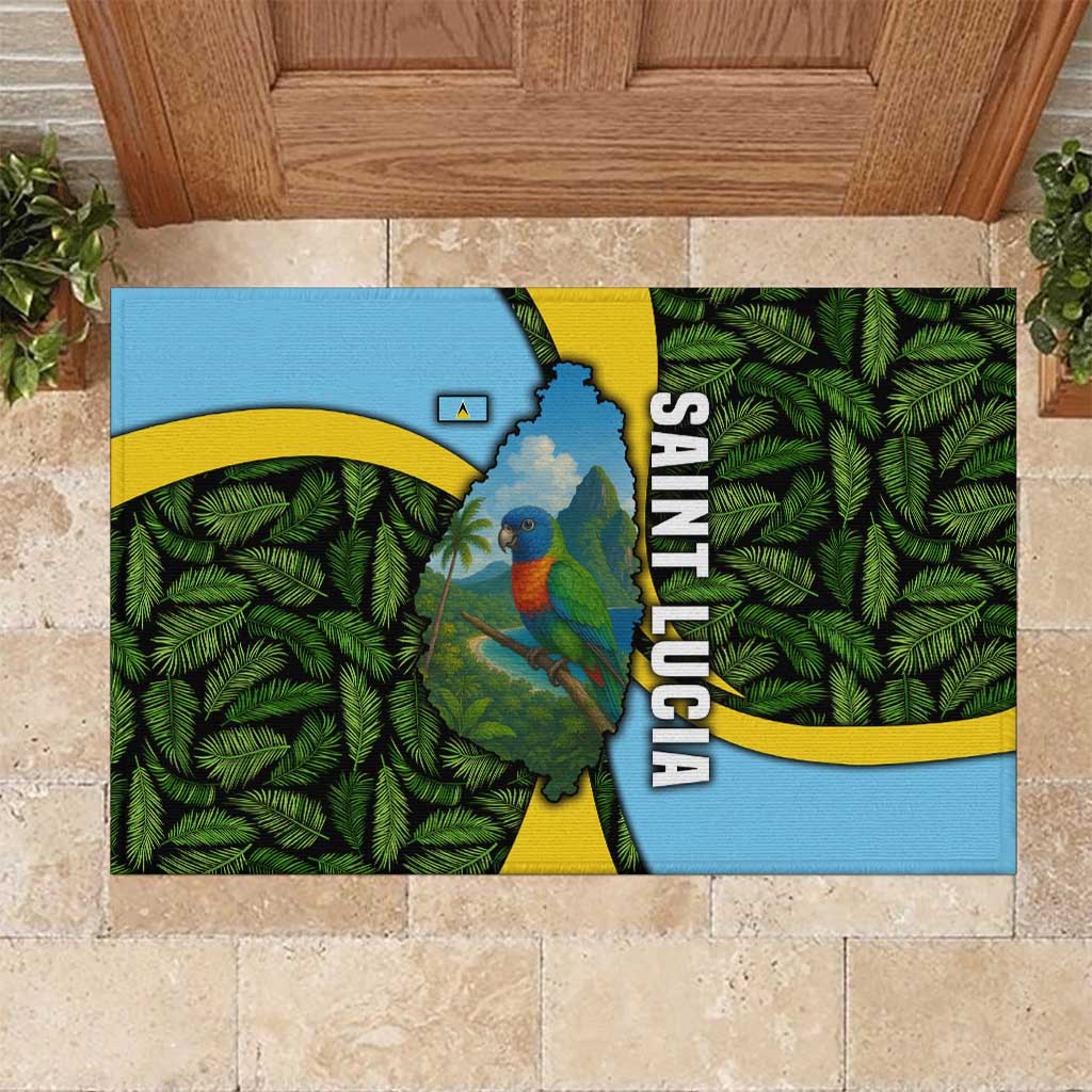 Saint Lucia Parrot Rubber Doormat with Tropical Palm Leaf and Flag Color Wave Design - Wonder Print Shop