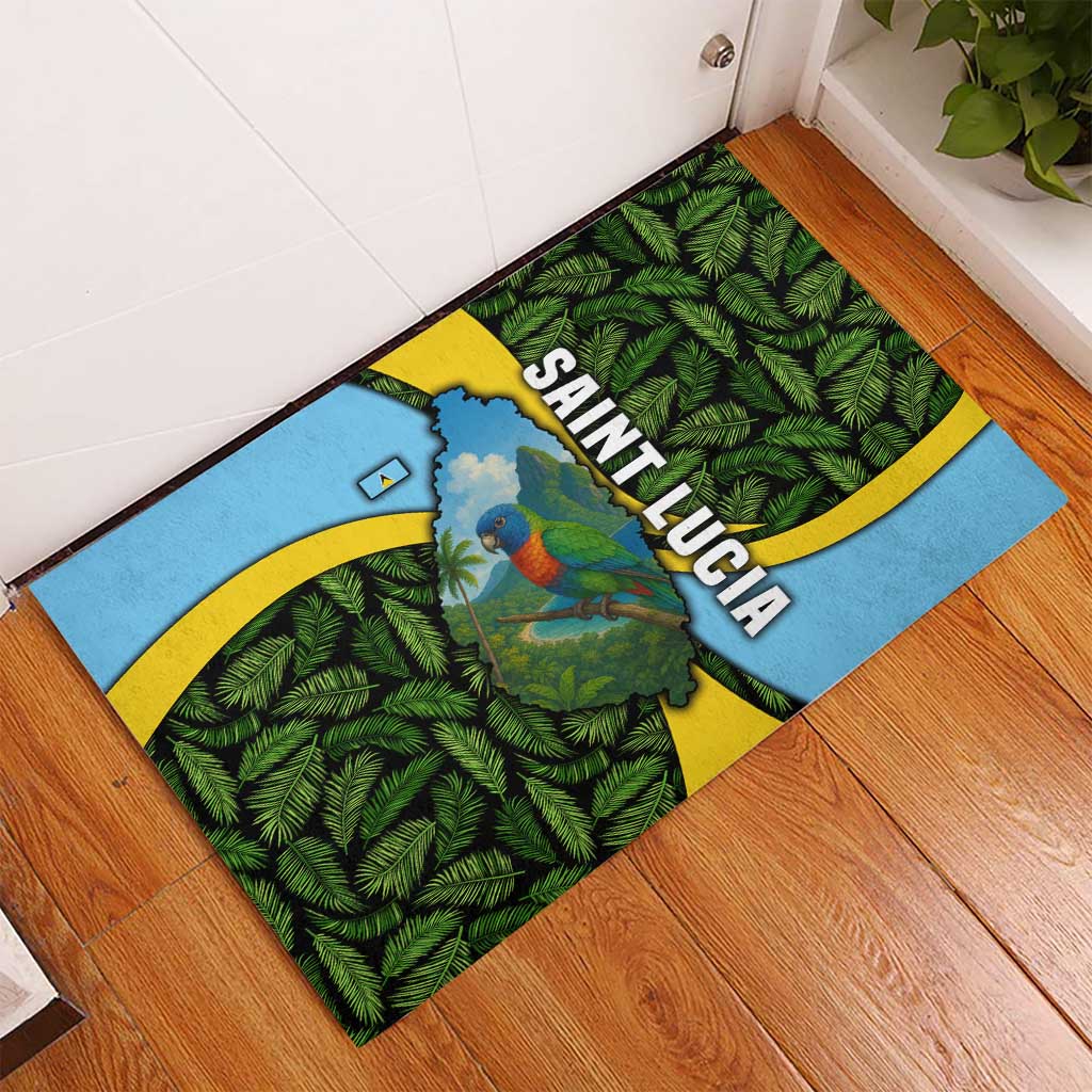 Saint Lucia Parrot Rubber Doormat with Tropical Palm Leaf and Flag Color Wave Design - Wonder Print Shop