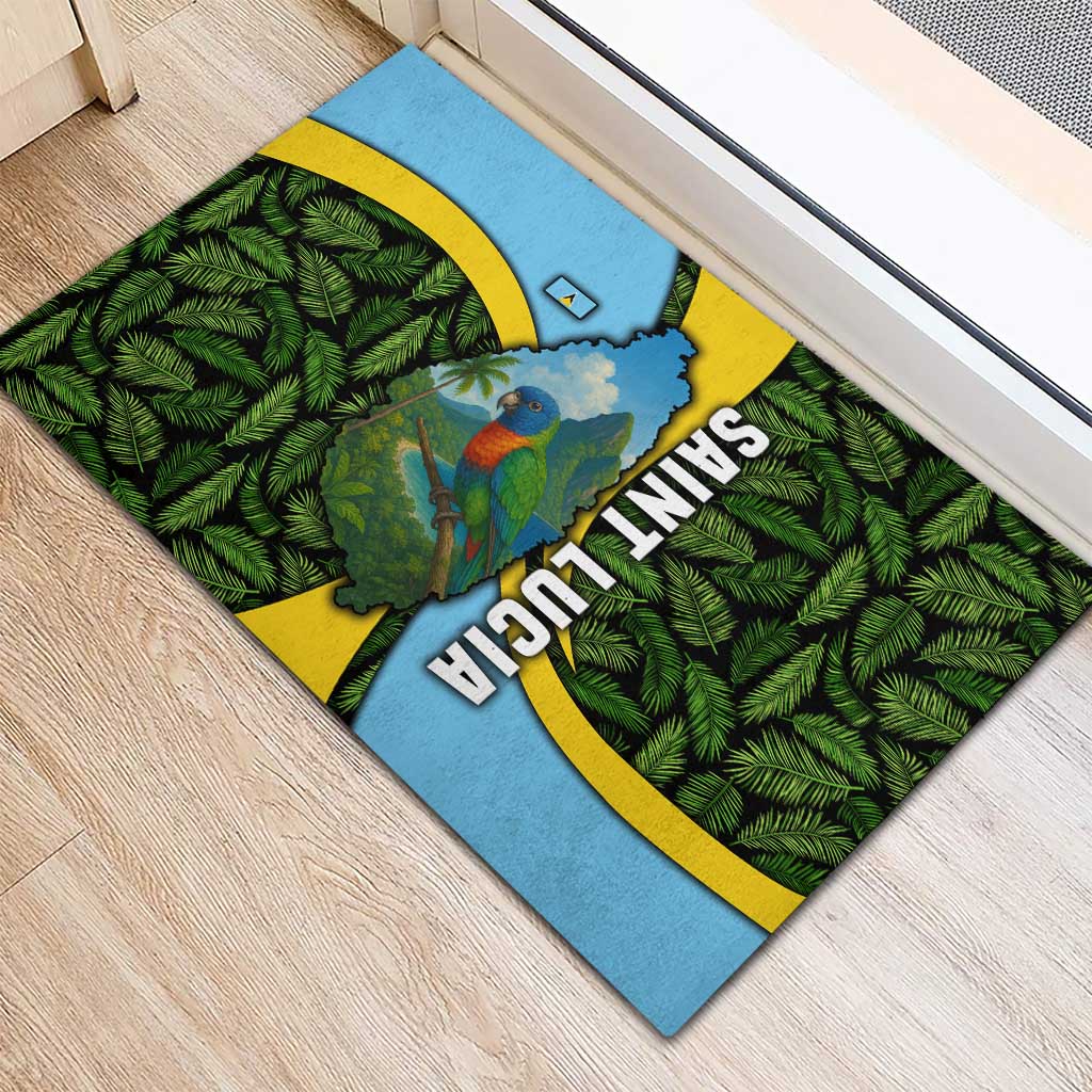 Saint Lucia Parrot Rubber Doormat with Tropical Palm Leaf and Flag Color Wave Design - Wonder Print Shop