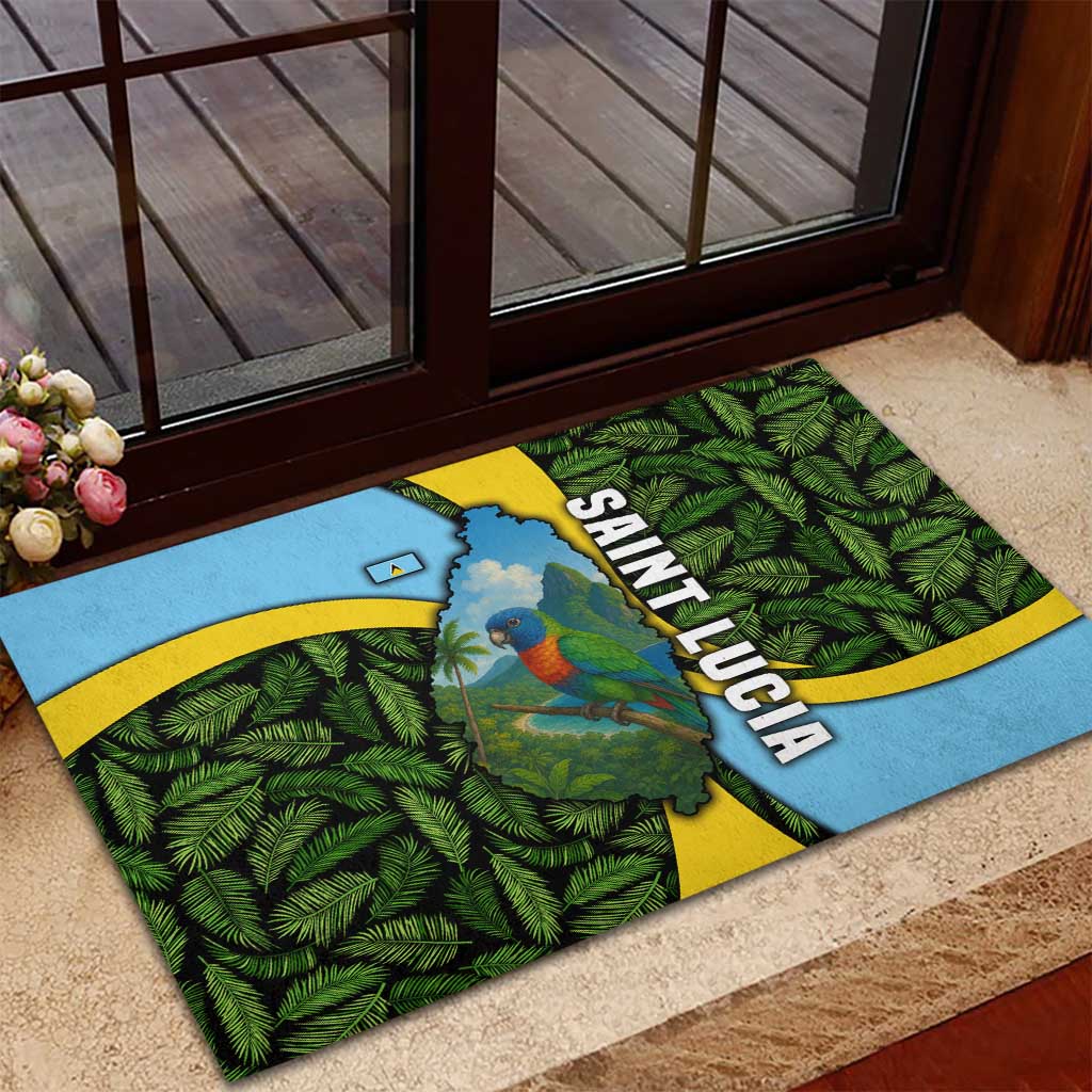 Saint Lucia Parrot Rubber Doormat with Tropical Palm Leaf and Flag Color Wave Design - Wonder Print Shop