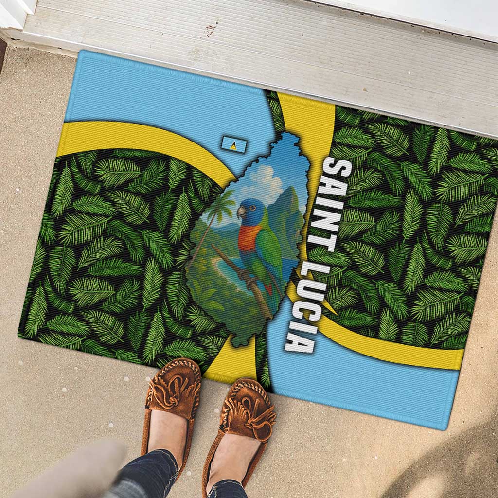 Saint Lucia Parrot Rubber Doormat with Tropical Palm Leaf and Flag Color Wave Design - Wonder Print Shop