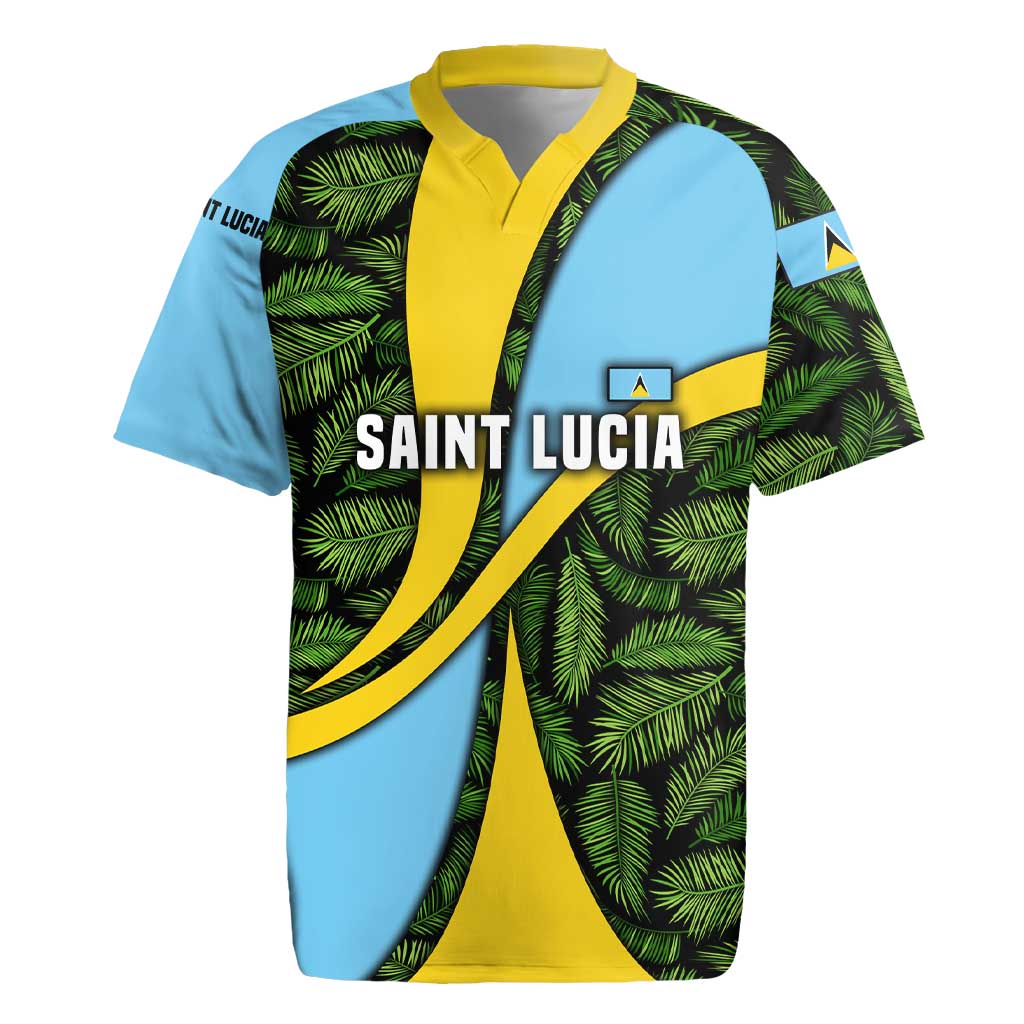 Saint Lucia Parrot Rugby Jersey with Tropical Palm Leaf and Flag Color Wave Design - Wonder Print Shop