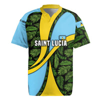 Saint Lucia Parrot Rugby Jersey with Tropical Palm Leaf and Flag Color Wave Design - Wonder Print Shop