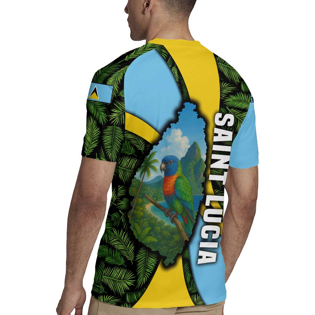 Saint Lucia Parrot Rugby Jersey with Tropical Palm Leaf and Flag Color Wave Design - Wonder Print Shop
