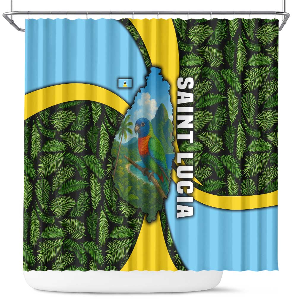 Saint Lucia Parrot Shower Curtain with Tropical Palm Leaf and Flag Color Wave Design - Wonder Print Shop