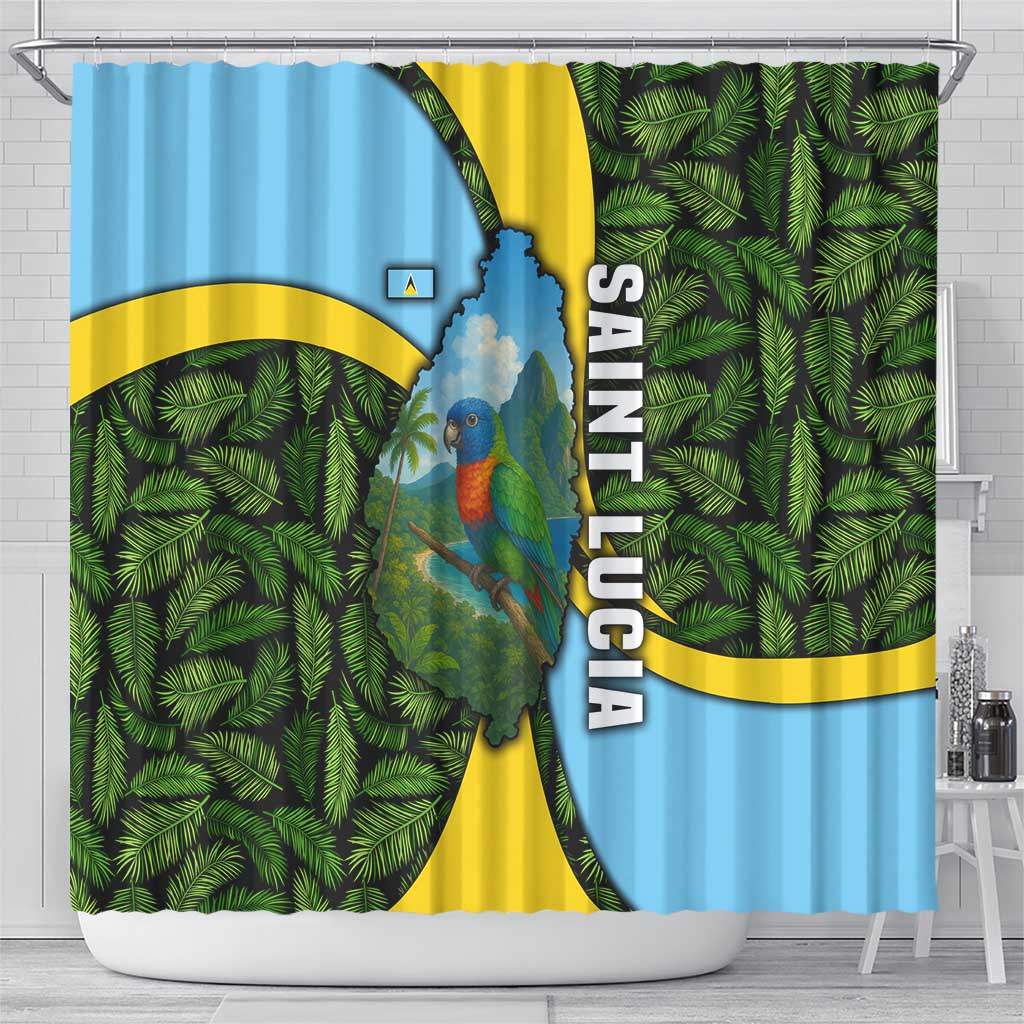 Saint Lucia Parrot Shower Curtain with Tropical Palm Leaf and Flag Color Wave Design - Wonder Print Shop