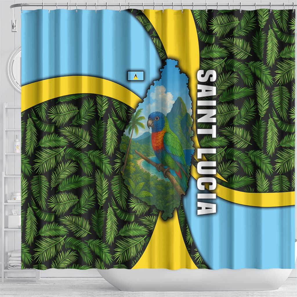 Saint Lucia Parrot Shower Curtain with Tropical Palm Leaf and Flag Color Wave Design - Wonder Print Shop