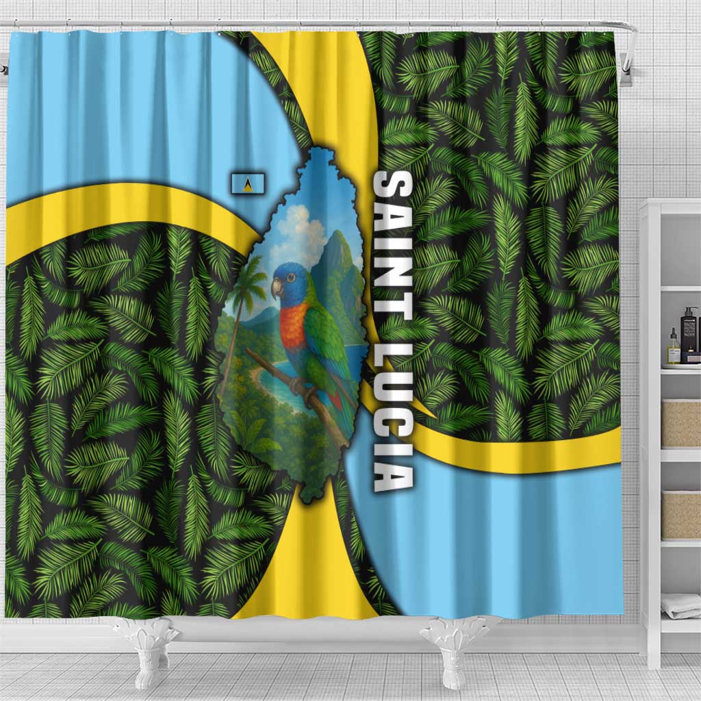 Saint Lucia Parrot Shower Curtain with Tropical Palm Leaf and Flag Color Wave Design - Wonder Print Shop