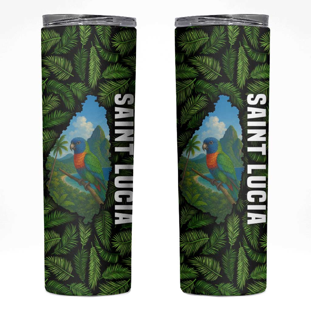 Saint Lucia Parrot Skinny Tumbler with Tropical Palm Leaf and Flag Color Wave Design - Wonder Print Shop