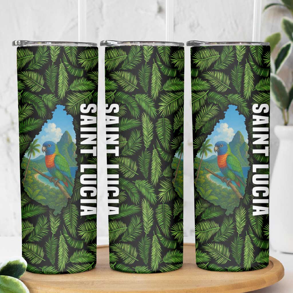 Saint Lucia Parrot Skinny Tumbler with Tropical Palm Leaf and Flag Color Wave Design - Wonder Print Shop