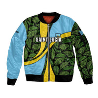 Saint Lucia Parrot Sleeve Zip Bomber Jacket with Tropical Palm Leaf and Flag Color Wave Design - Wonder Print Shop