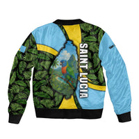 Saint Lucia Parrot Sleeve Zip Bomber Jacket with Tropical Palm Leaf and Flag Color Wave Design - Wonder Print Shop
