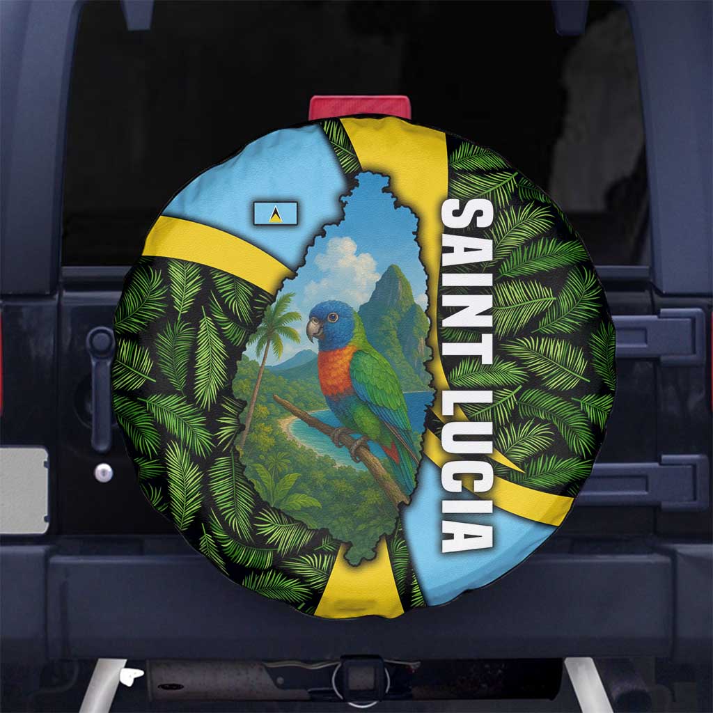 Saint Lucia Parrot Spare Tire Cover with Tropical Palm Leaf and Flag Color Wave Design - Wonder Print Shop