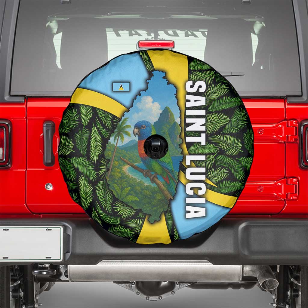 Saint Lucia Parrot Spare Tire Cover with Tropical Palm Leaf and Flag Color Wave Design - Wonder Print Shop