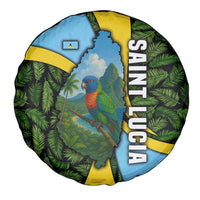 Saint Lucia Parrot Spare Tire Cover with Tropical Palm Leaf and Flag Color Wave Design - Wonder Print Shop