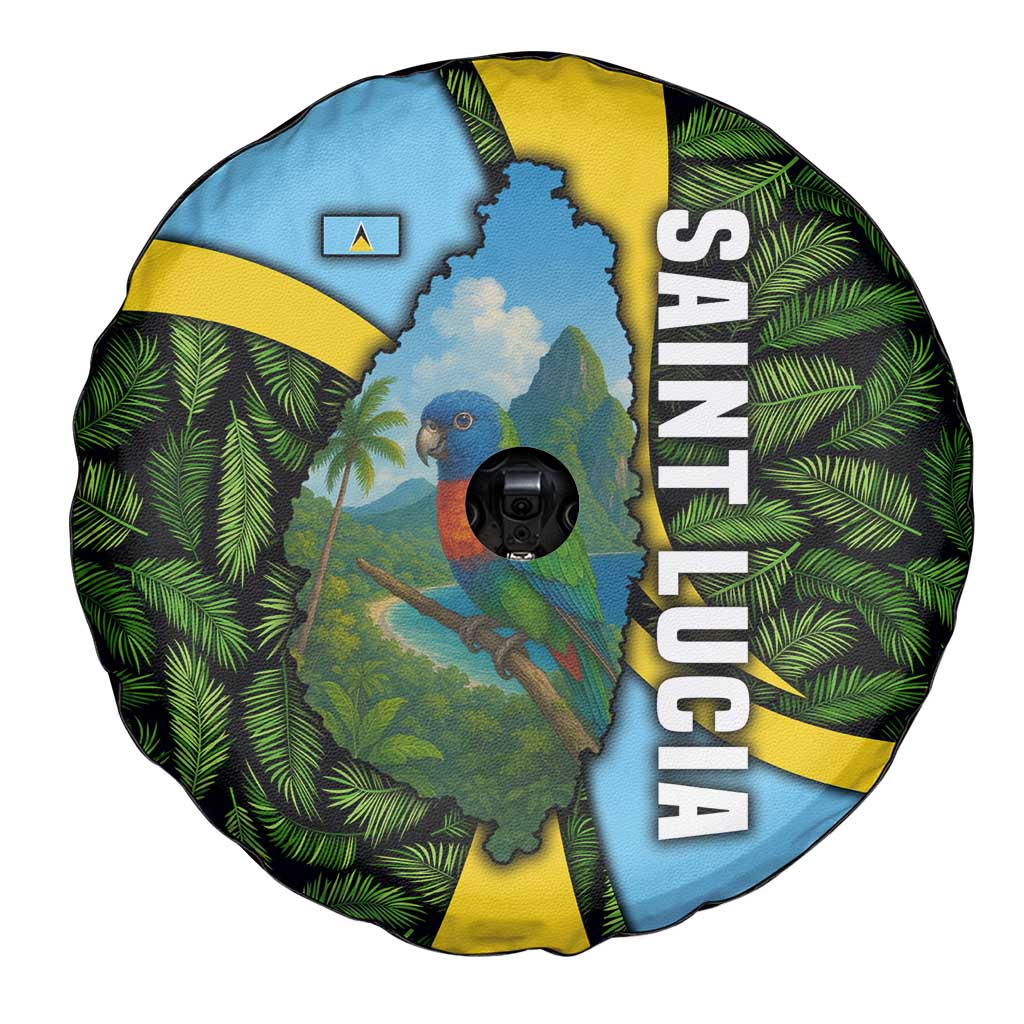 Saint Lucia Parrot Spare Tire Cover with Tropical Palm Leaf and Flag Color Wave Design - Wonder Print Shop