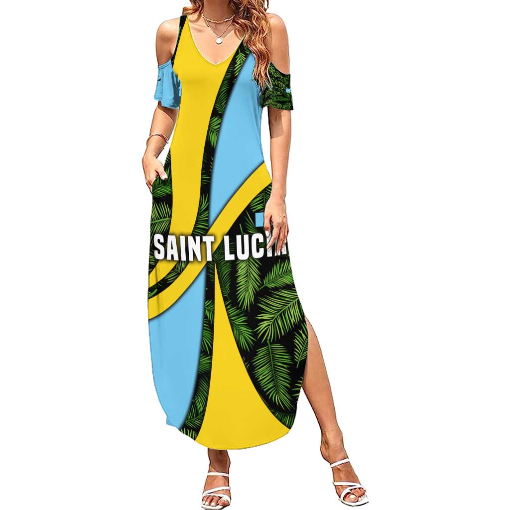 Saint Lucia Parrot Summer Maxi Dress with Tropical Palm Leaf and Flag Color Wave Design - Wonder Print Shop