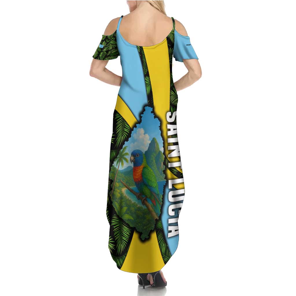 Saint Lucia Parrot Summer Maxi Dress with Tropical Palm Leaf and Flag Color Wave Design - Wonder Print Shop