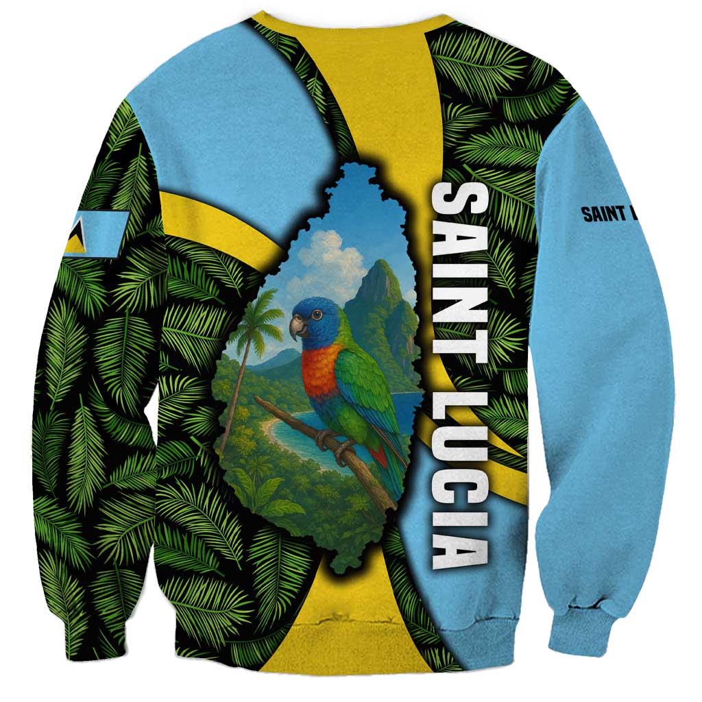 Saint Lucia Parrot Sweatshirt with Tropical Palm Leaf and Flag Color Wave Design - Wonder Print Shop