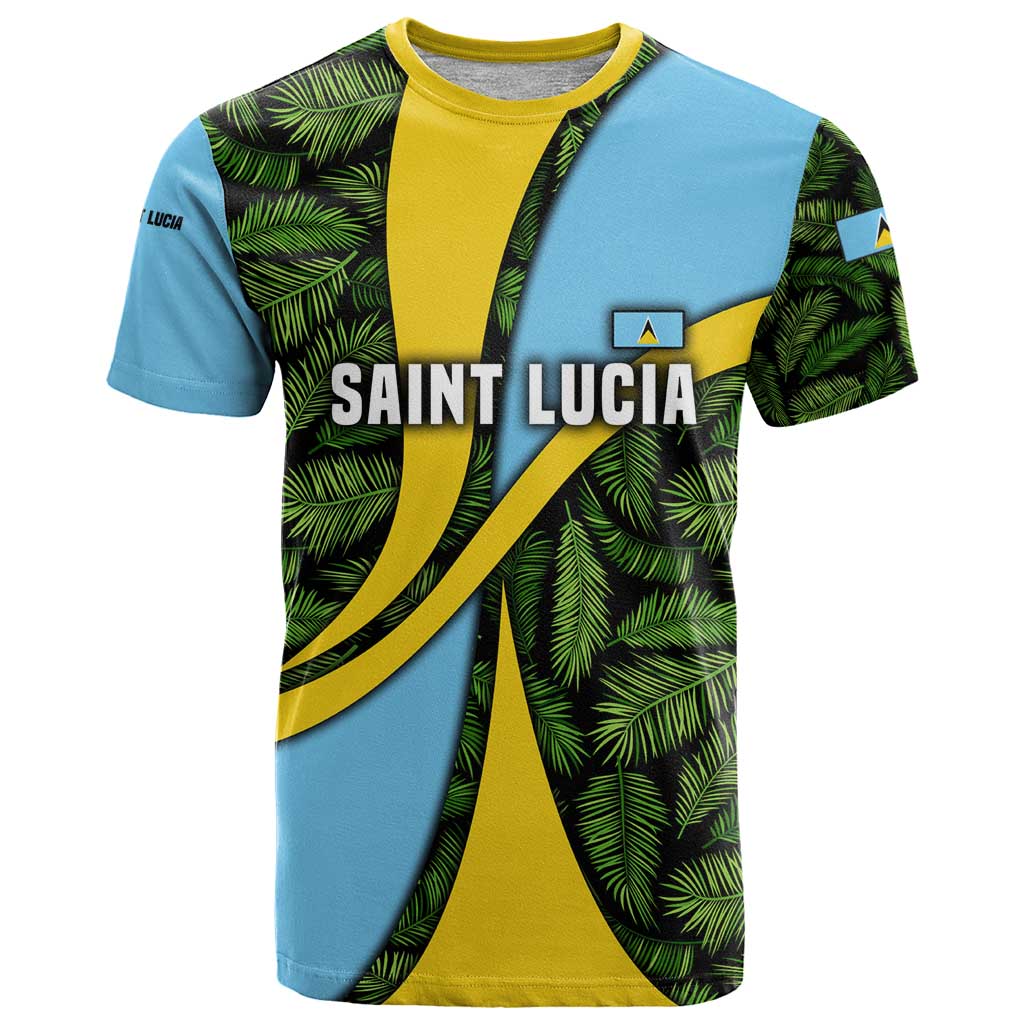 Saint Lucia Parrot T Shirt with Tropical Palm Leaf and Flag Color Wave Design - Wonder Print Shop
