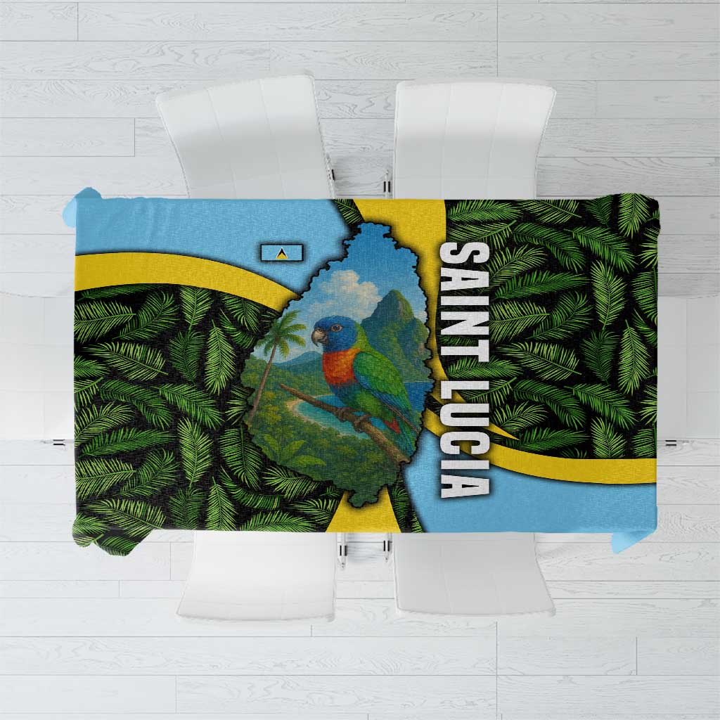 Saint Lucia Parrot Tablecloth with Tropical Palm Leaf and Flag Color Wave Design - Wonder Print Shop