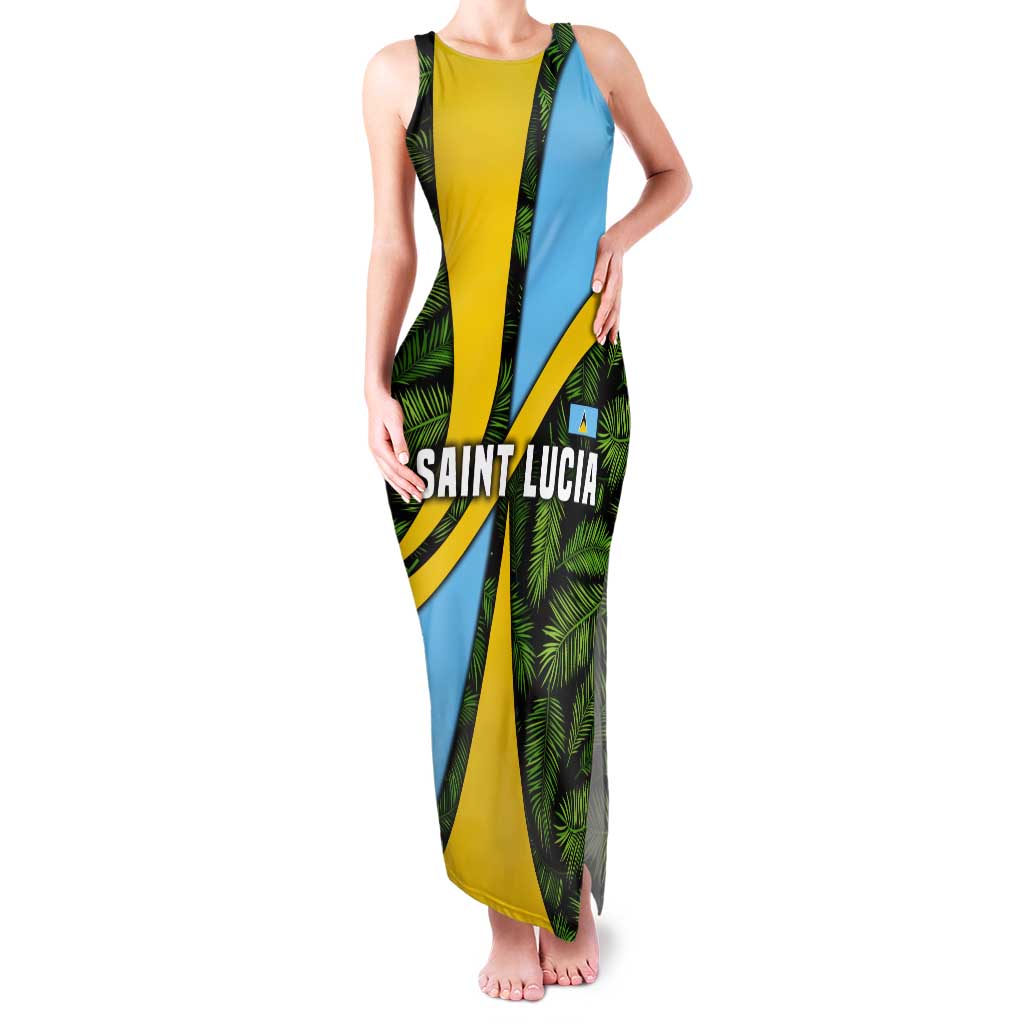 Saint Lucia Parrot Tank Maxi Dress with Tropical Palm Leaf and Flag Color Wave Design - Wonder Print Shop