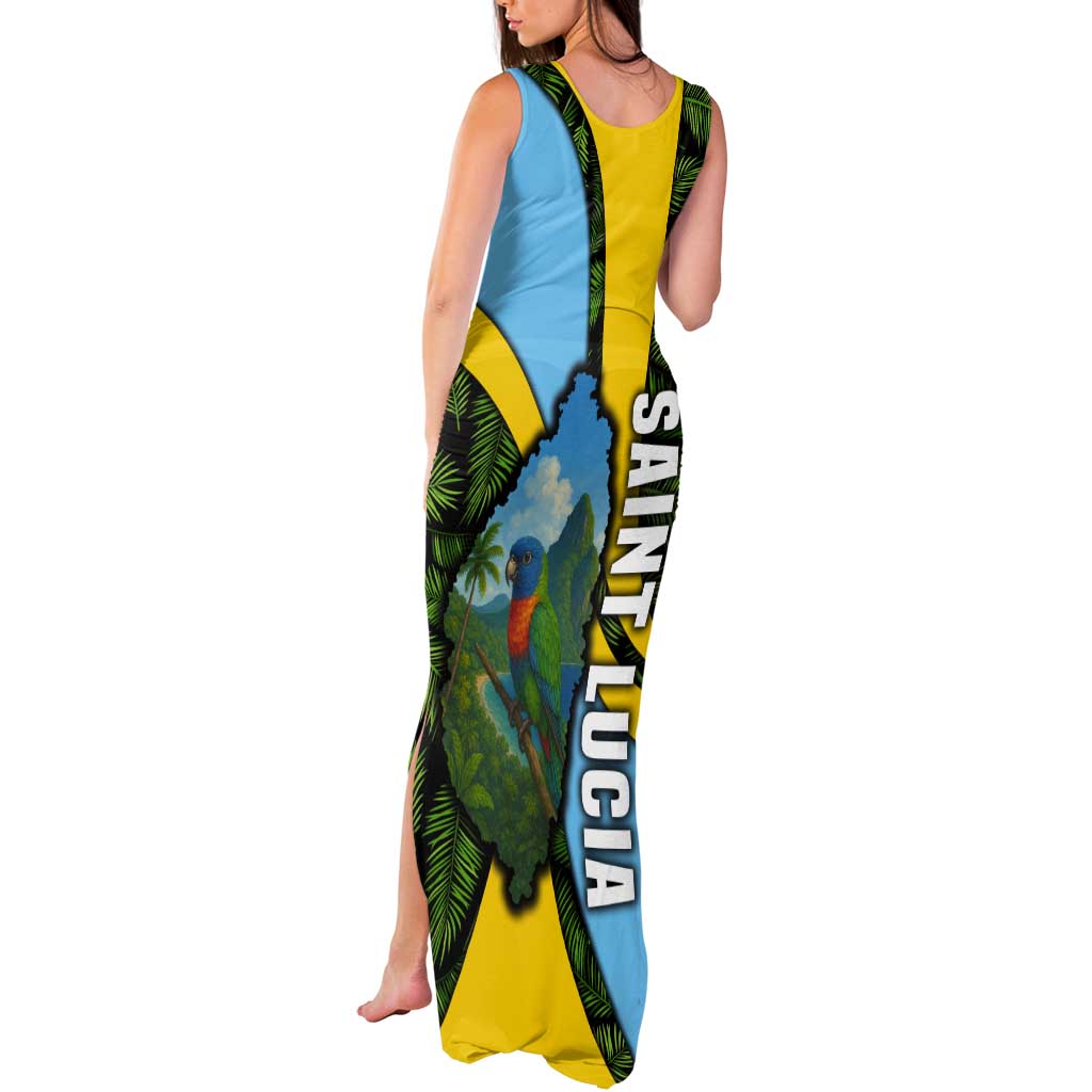 Saint Lucia Parrot Tank Maxi Dress with Tropical Palm Leaf and Flag Color Wave Design - Wonder Print Shop