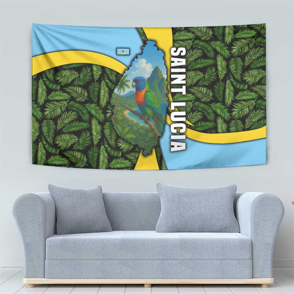 Saint Lucia Parrot Tapestry with Tropical Palm Leaf and Flag Color Wave Design - Wonder Print Shop