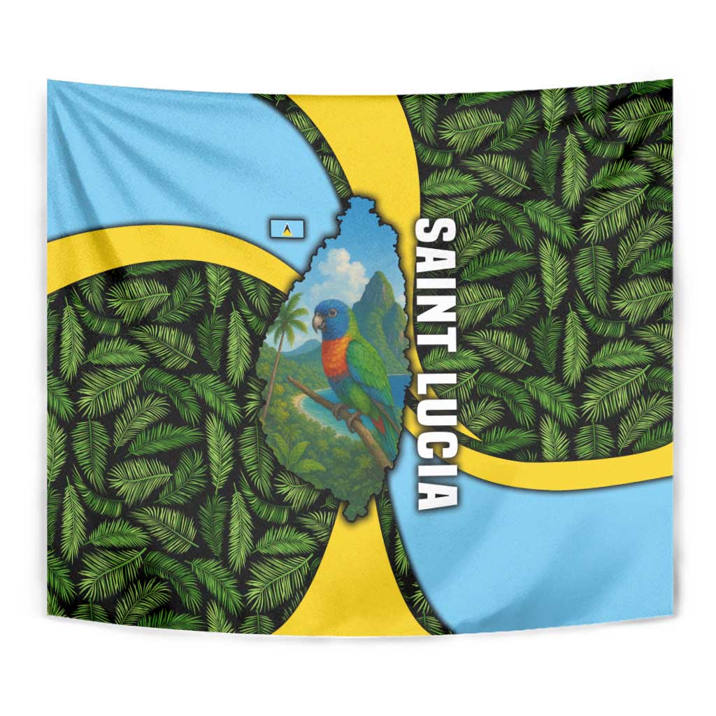 Saint Lucia Parrot Tapestry with Tropical Palm Leaf and Flag Color Wave Design - Wonder Print Shop