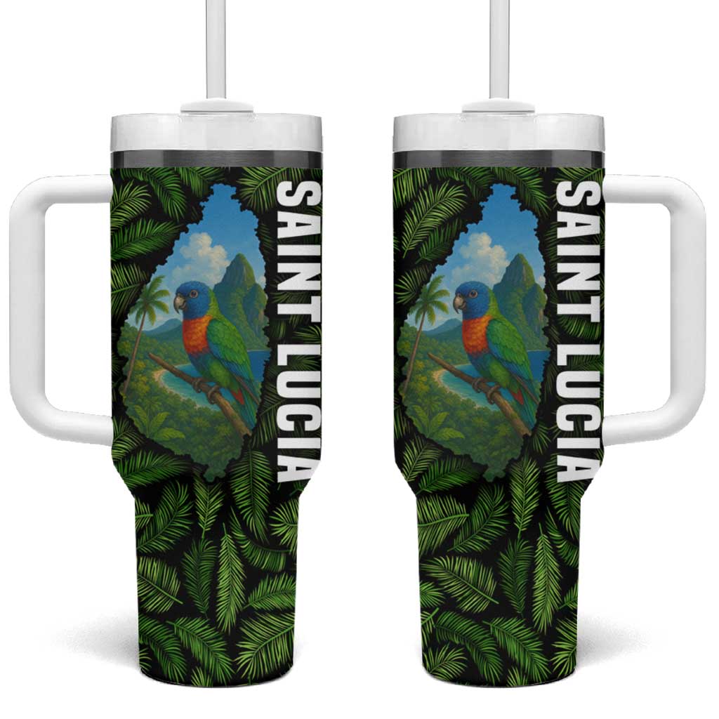 Saint Lucia Parrot Tumbler With Handle with Tropical Palm Leaf and Flag Color Wave Design - Wonder Print Shop