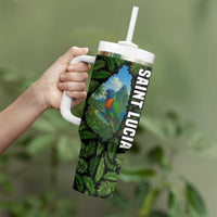 Saint Lucia Parrot Tumbler With Handle with Tropical Palm Leaf and Flag Color Wave Design - Wonder Print Shop