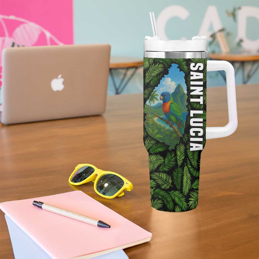 Saint Lucia Parrot Tumbler With Handle with Tropical Palm Leaf and Flag Color Wave Design - Wonder Print Shop