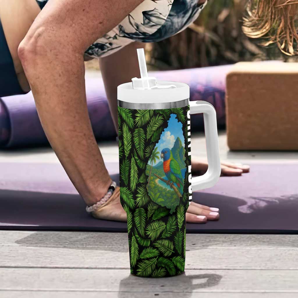 Saint Lucia Parrot Tumbler With Handle with Tropical Palm Leaf and Flag Color Wave Design - Wonder Print Shop
