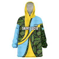 Saint Lucia Parrot Wearable Blanket Hoodie with Tropical Palm Leaf and Flag Color Wave Design - Wonder Print Shop