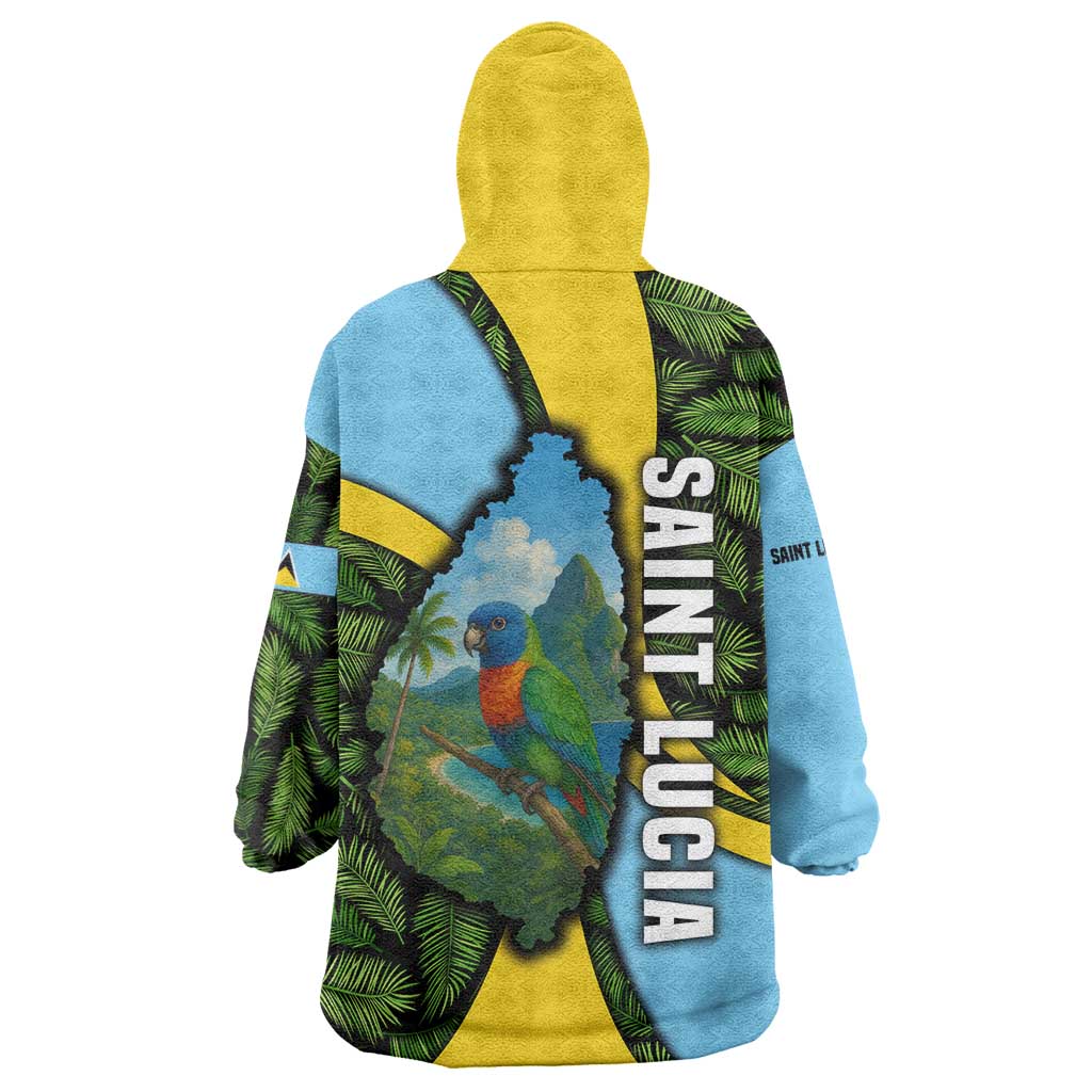 Saint Lucia Parrot Wearable Blanket Hoodie with Tropical Palm Leaf and Flag Color Wave Design - Wonder Print Shop