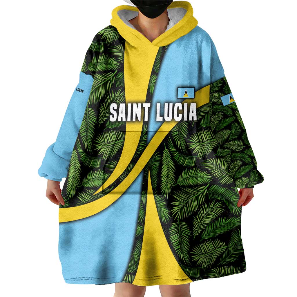 Saint Lucia Parrot Wearable Blanket Hoodie with Tropical Palm Leaf and Flag Color Wave Design - Wonder Print Shop