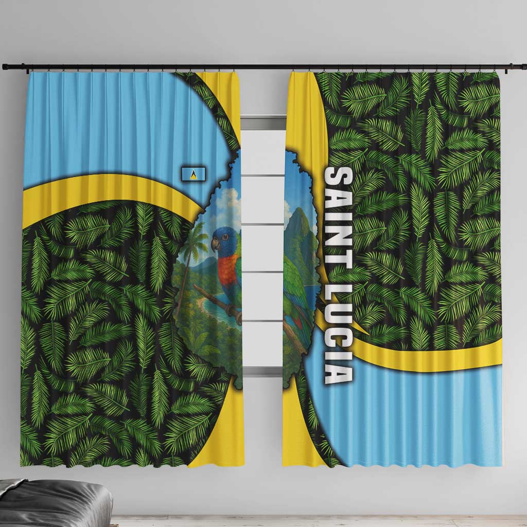 Saint Lucia Parrot Window Curtain with Tropical Palm Leaf and Flag Color Wave Design - Wonder Print Shop