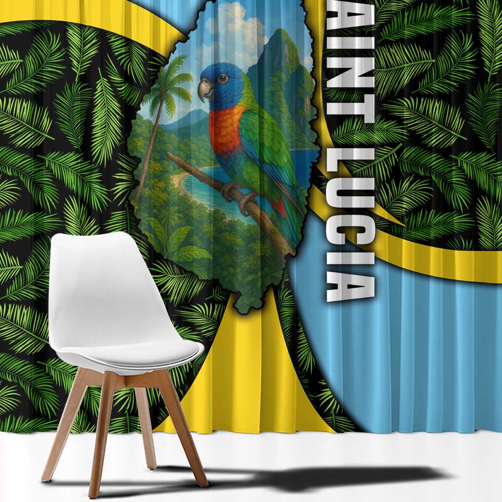 Saint Lucia Parrot Window Curtain with Tropical Palm Leaf and Flag Color Wave Design - Wonder Print Shop