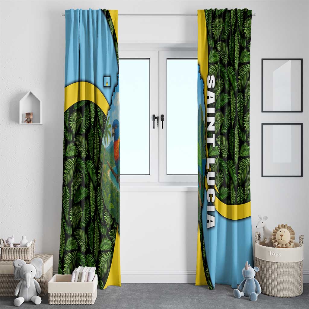 Saint Lucia Parrot Window Curtain with Tropical Palm Leaf and Flag Color Wave Design - Wonder Print Shop