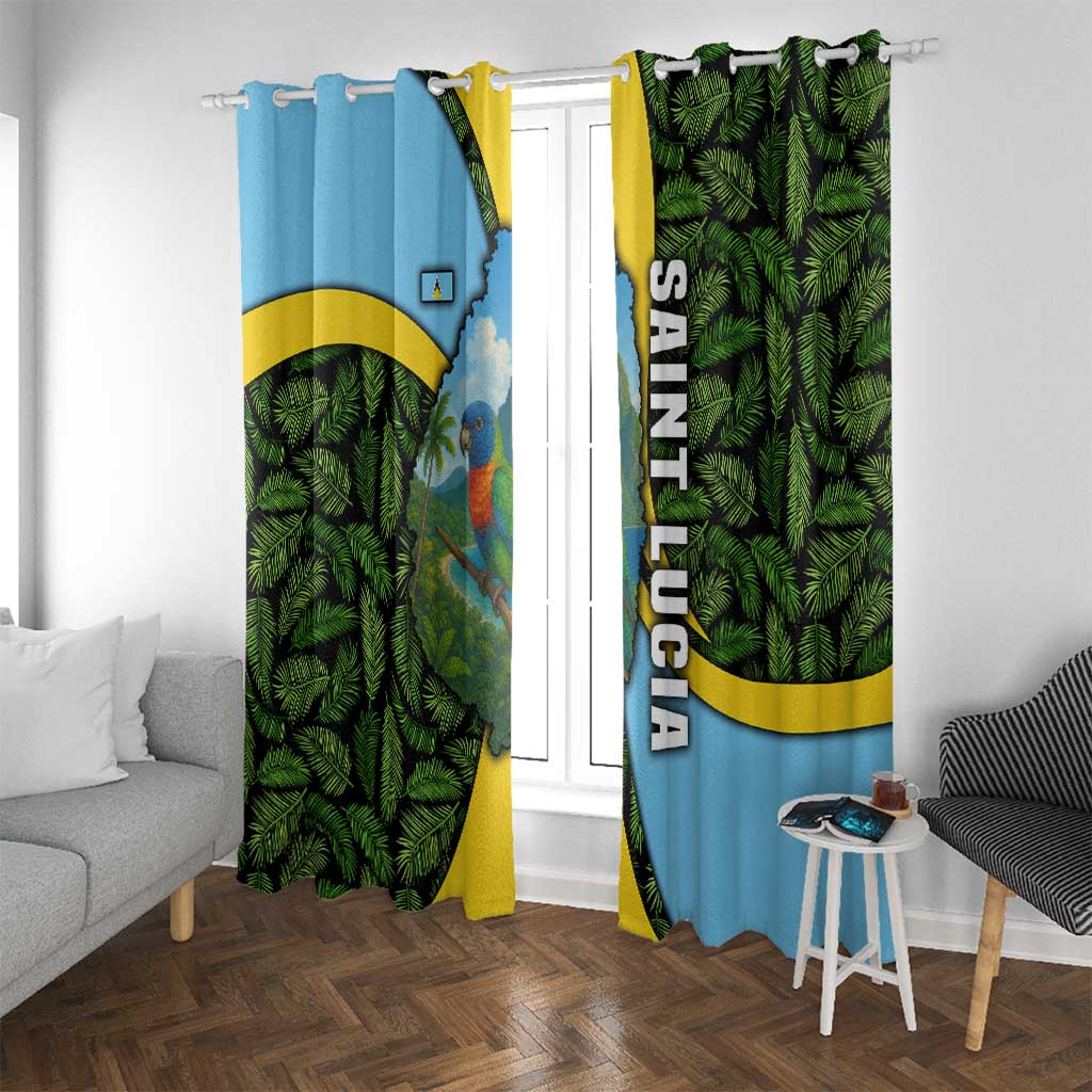 Saint Lucia Parrot Window Curtain with Tropical Palm Leaf and Flag Color Wave Design - Wonder Print Shop